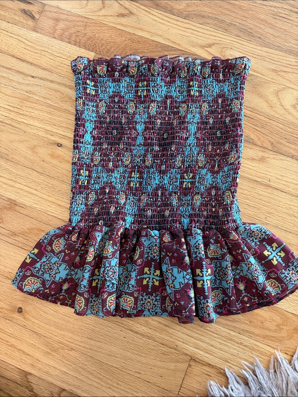 For Love & Lemons Burgundy and Teal Smocked Ruffle Mini Skirt